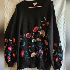 Pixley Black Sweater with Colorful Floral Embroidery XXL